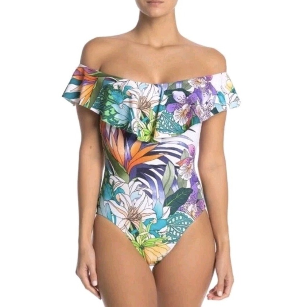 Trina Turk White Amazonia Floral Off Shoulder Ruffle One Piece Swimsuit Sz 6 NEW